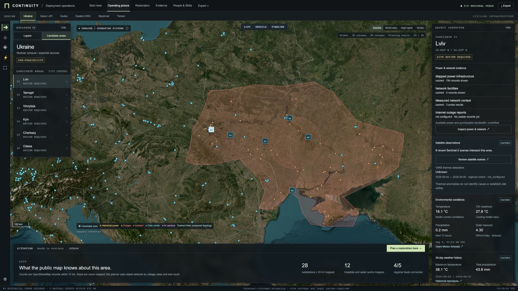The flat 2D operating picture: satellite map of Ukraine with the planning ring and six numbered candidate areas, regional feed markers, a situation strip along the bottom reading what the public map knows about this area, and the object inspector for Lviv on the right.