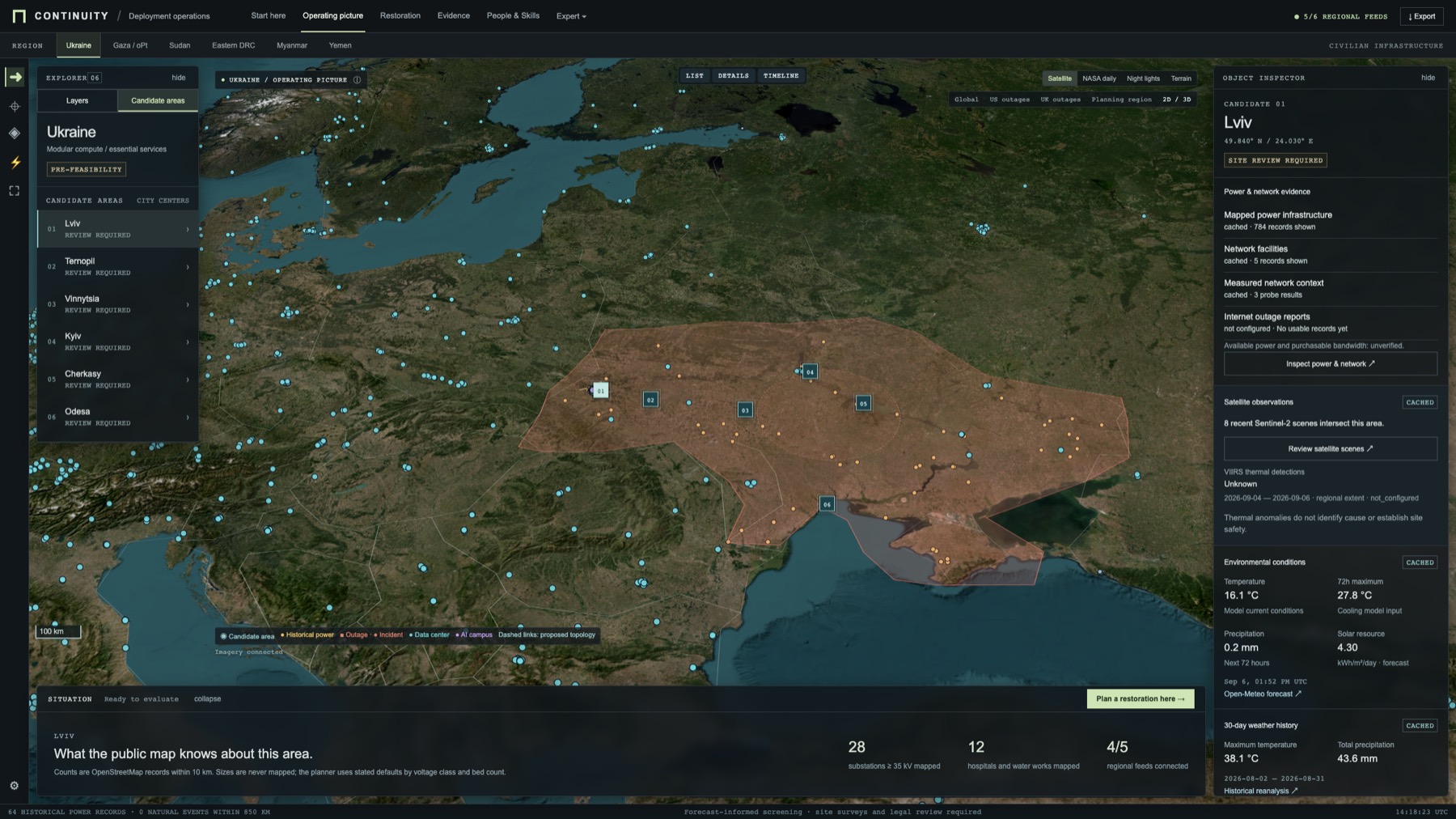Continuity's operating picture tilted in 3D: Europe in perspective on satellite terrain, regional feed markers, the Ukraine planning ring with six numbered candidate areas, and an object inspector listing the evidence for Lviv by source and state.