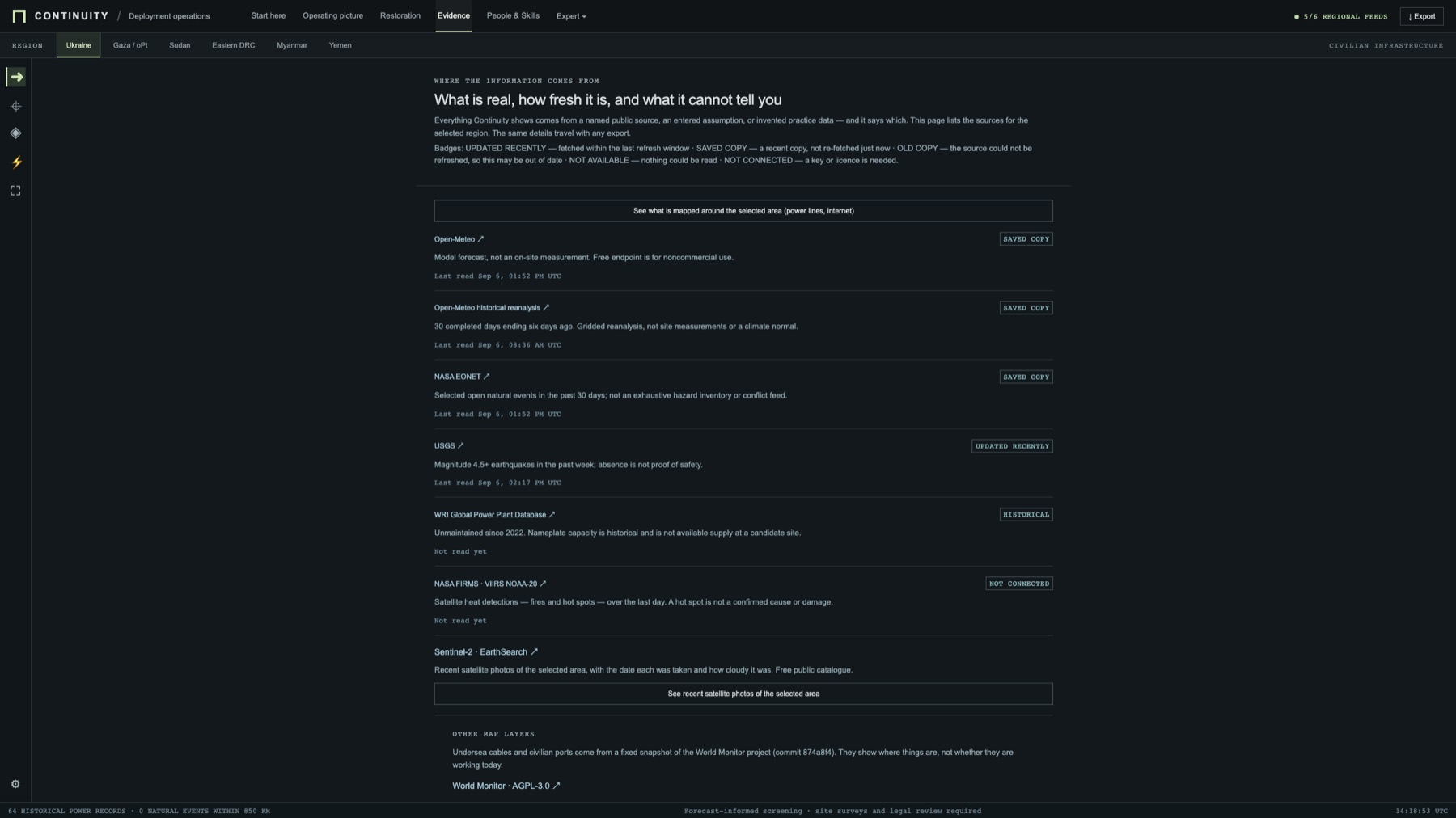 The Evidence view: a list of sources for the selected region, each with a plain-language limit, a badge such as saved copy, updated recently, historical or not connected, and the time it was last read.
